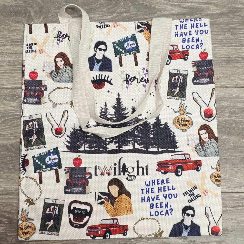 Twilight Saga Collage Tote Bag Bella Edward Forks Loca Quote Canvas Cream 14x16